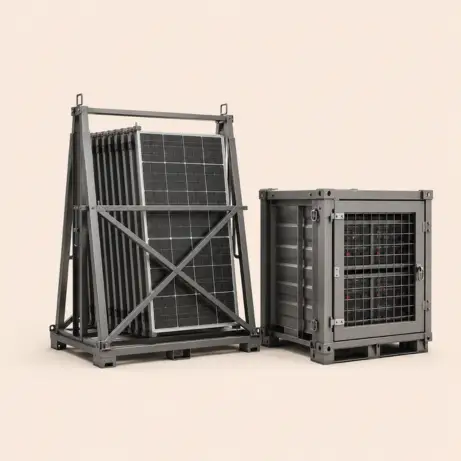 Solar panel storage rack with battery storage cage for industrial energy storage solutions