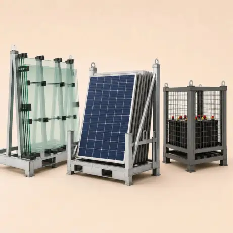Solar panels, glass storage rack and battery storage cage for industrial storage solutions