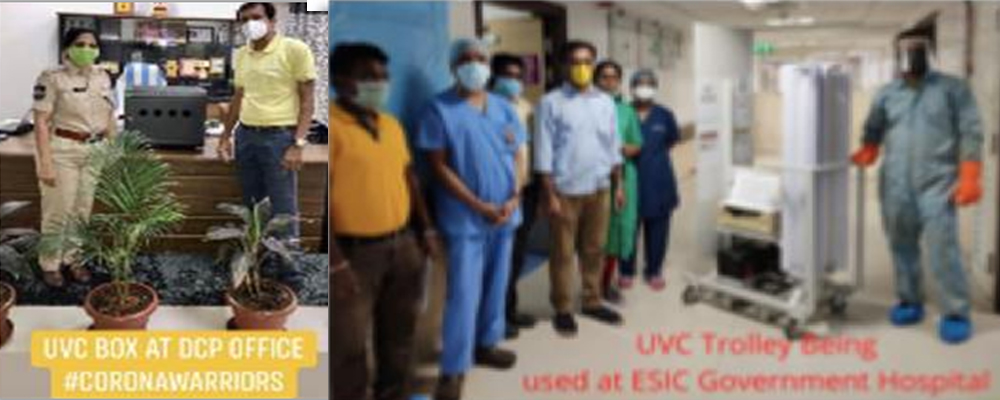 Mekins Industries donating UVC disinfection box to DCP office supporting COVID-19 frontline workers in Hyderabad